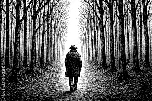 Man Walking Away Through Forest in Black and White Engraving Style Art
