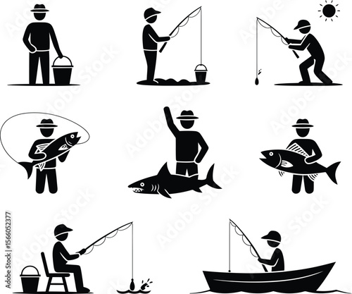 Collection of fisherman icons showing different activities and catches
