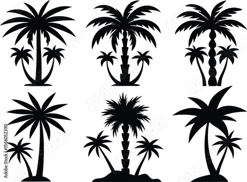Silhouette of palm trees, Collection of silhouette palm trees arranged in different styles and sizes for tropical-themed design