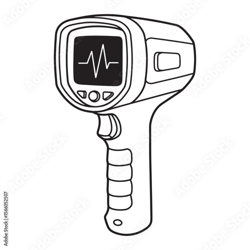 Black and white illustration of a handheld medical thermometer with a display showing heart rate.