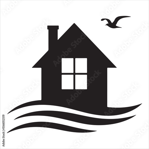 Black silhouette of a house with a chimney and windows on wavy water with a bird flying