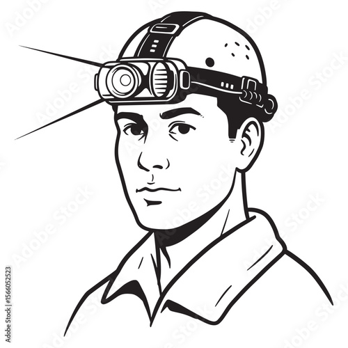 Black and white illustration of a man wearing a headlamp and looking towards the viewer