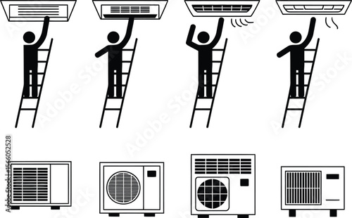 Person on ladder installing or servicing air conditioner units
