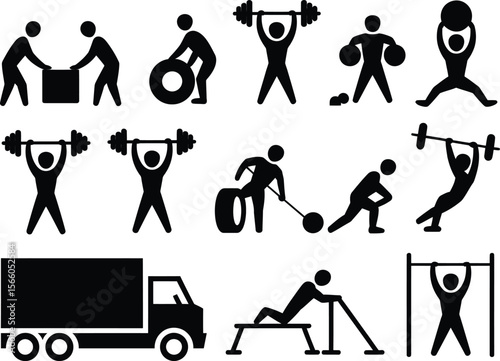 Collection of black silhouette icons representing fitness and physical activity