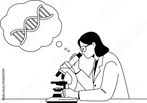 Woman scientist researching dna with microscope in lab for medical research and science innovation editable vector