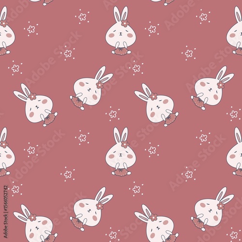 Seamless pattern of bunny cartoon illustration on red pink background. Can print it on fabric, stationery, gift paper, wall art cover, bed cover, etc. 