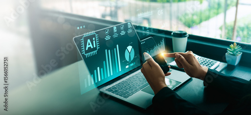 Artificial Intelligence AI technology for data analysis and business strategy development on digital dashboard, innovative machine learning solutions for financial investment, marketing, future growth