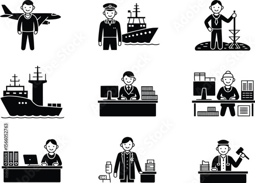 Diverse professions and occupations icon set featuring transportation and office workers