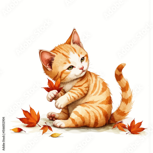 Playful orange kitten with autumn leaves on white background  