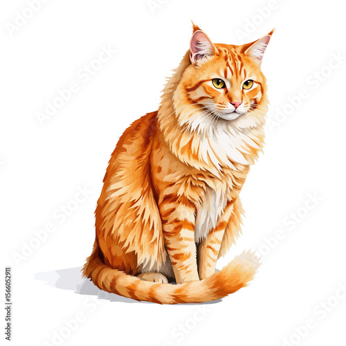 Orange Maine Coon cat sitting calmly with fluffy fur on white background  