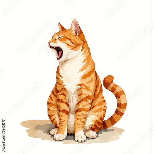 Orange tabby cat yawning while sitting on white background  