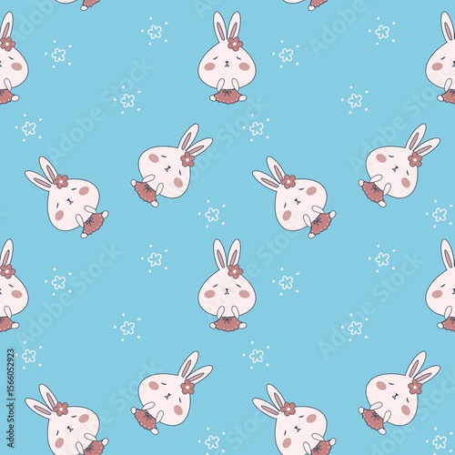 Seamless pattern of bunny cartoon illustration on blue sky color background. Can print it on fabric, stationery, gift paper, wall art cover, bed cover, etc. 