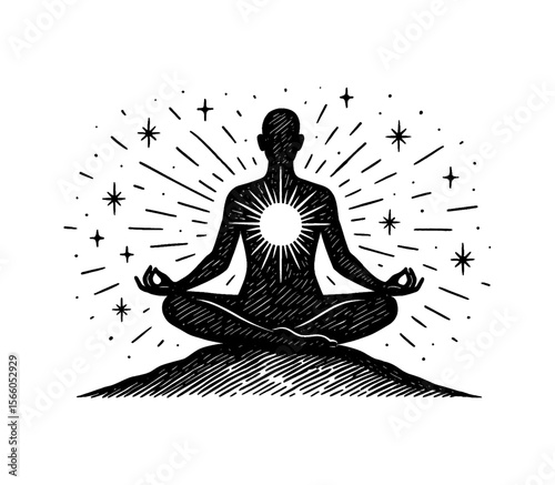Silhouette Person Meditating in Lotus Position with Sunburst Black and White Engrave Style