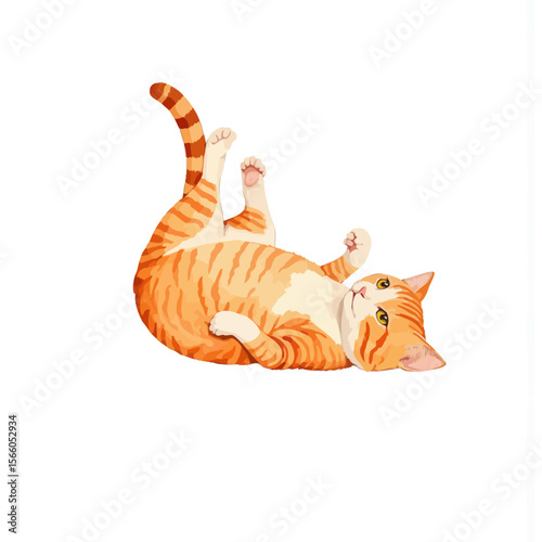 Playful orange cat rolling on its back with paws in the air  