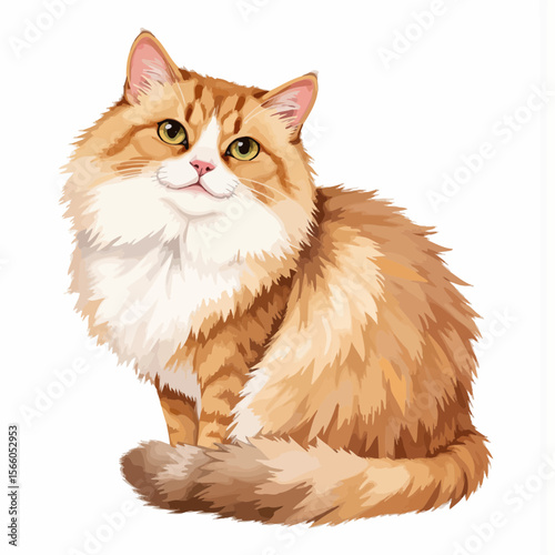 Orange fluffy cat sitting gracefully on a white background  