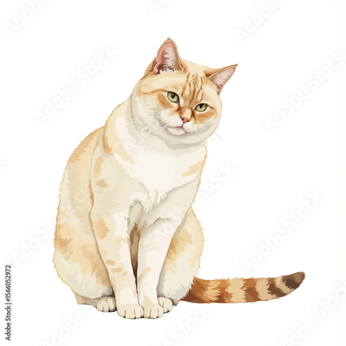 Cat sitting calmly with light fur and striped tail on white background  
