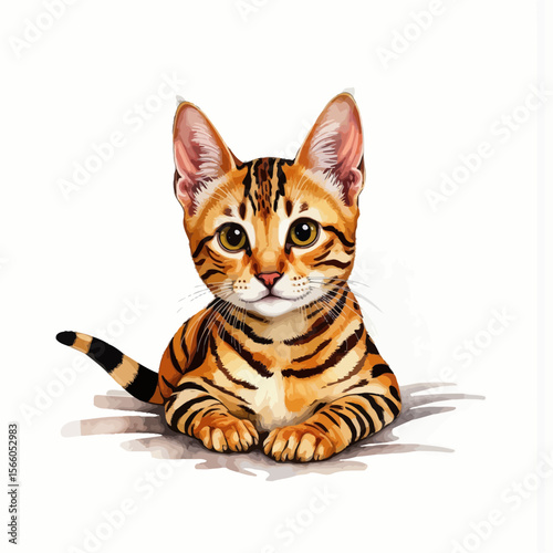 Bengal kitten sitting with bright eyes on a white background  