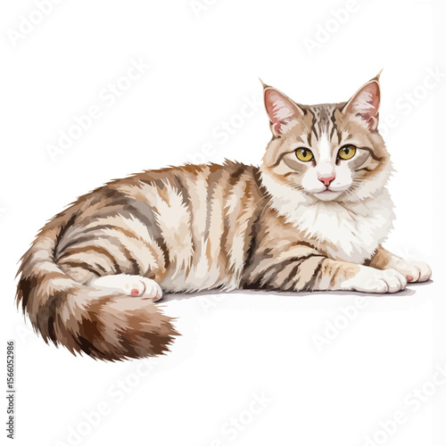 Tabby cat lying down with exposed fur pattern on white background  