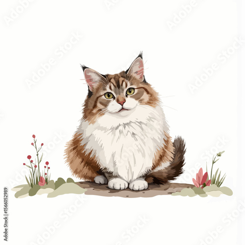 Cute cat sitting in garden surrounded by flowers and greenery  