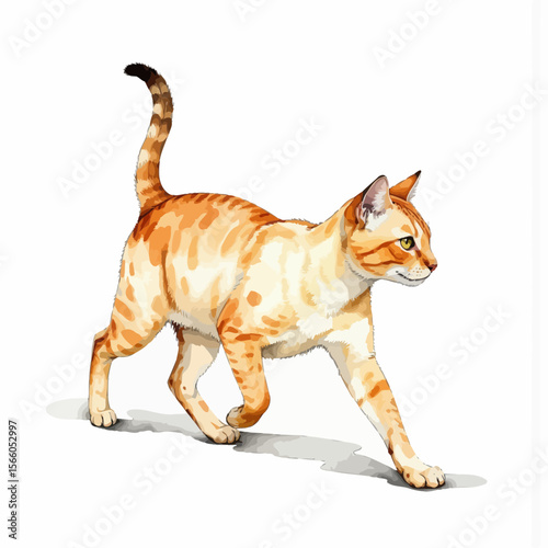 Orange cat walking gracefully on white background  