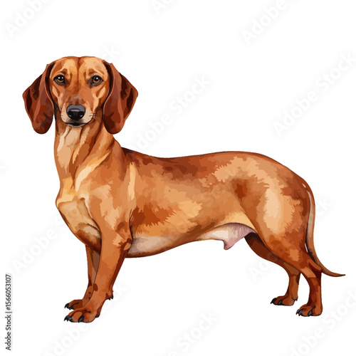 Dachshund dog standing with a curious expression on a white background  