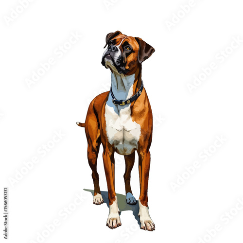 Boxer dog standing and looking upward with alert expression  