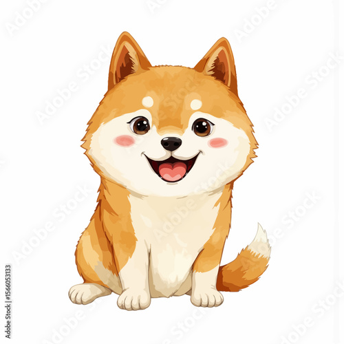Cute cartoon Shiba Inu dog sitting and smiling with bright eyes  