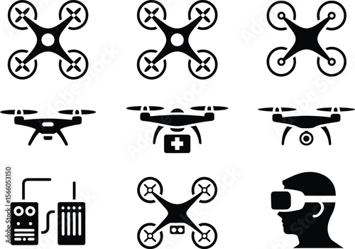 Collection of drone icons including medical drone and vr headset