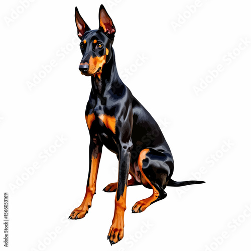 Doberman dog sitting with alert expression on white background  