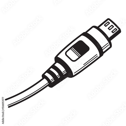 Black and white line art of a usb cable connector for data transfer and charging