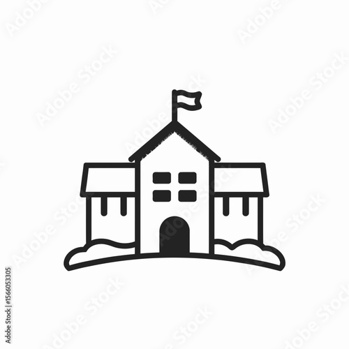 Simple graphic illustration of a school building with a flag  