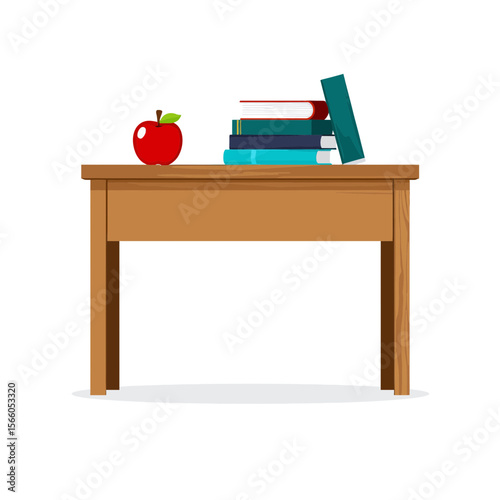 Wooden table with stacked books and a red apple on top  
