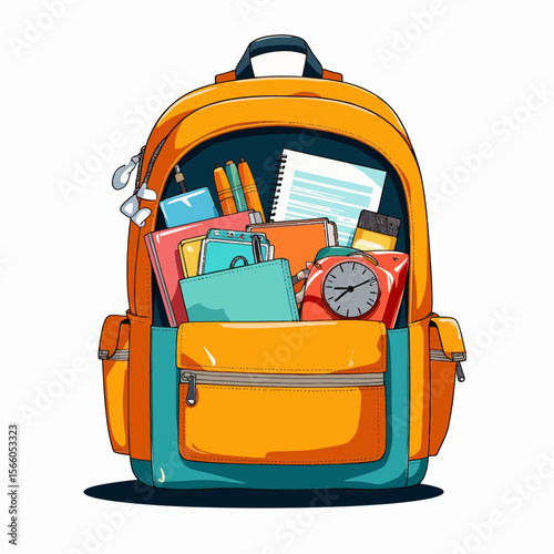 Colorful school backpack filled with supplies and stationery items  
