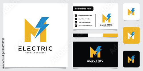 Initial M Letter with Lightning Bolt Logo Vector Design with business card design