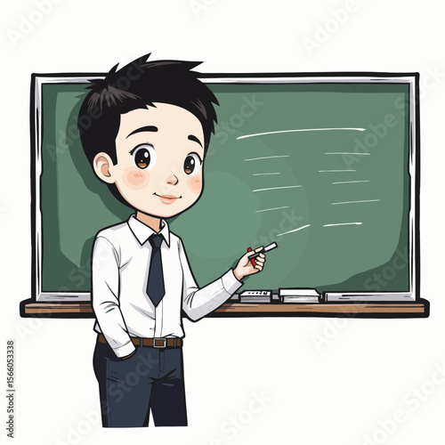 Cartoon teacher smiling while pointing at chalkboard in classroom  