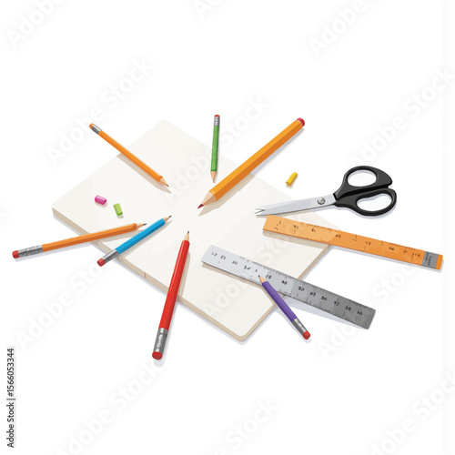 Art supplies including pencils and rulers arranged around sketchbook  