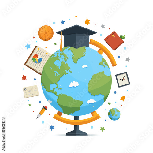 Educational globe with graduation cap surrounded by study materials  