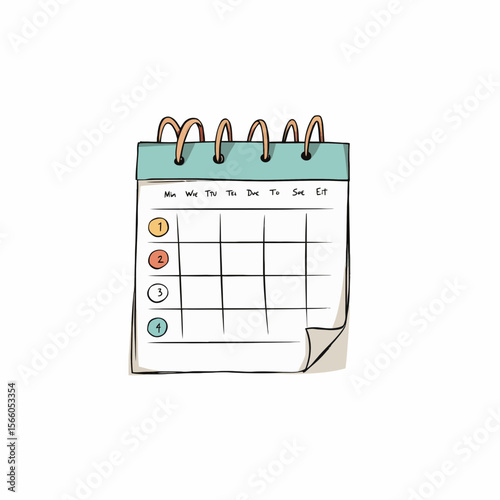 Illustrated calendar with spiral binding and colorful sections  