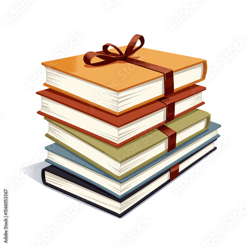 Colorful stack of books tied with ribbon on white background  