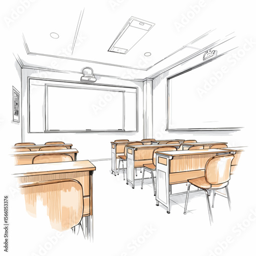 Classroom interior with wooden desks and chalkboards in minimalist style  