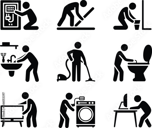 Set of nine black and white pictogram icons representing various household chores and activities
