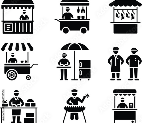 Collection of black and white icons representing various street food vendors and stalls