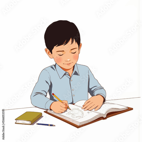Young boy studying and writing in a notebook at a desk  