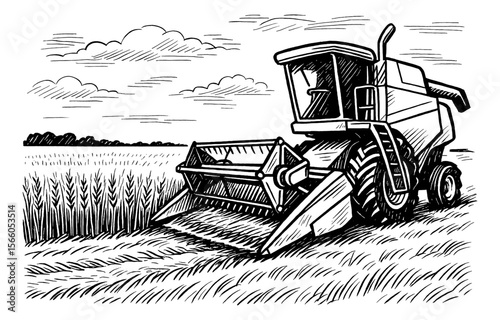 Illustration of a Combine Harvester in a Field Ready for Harvest Season