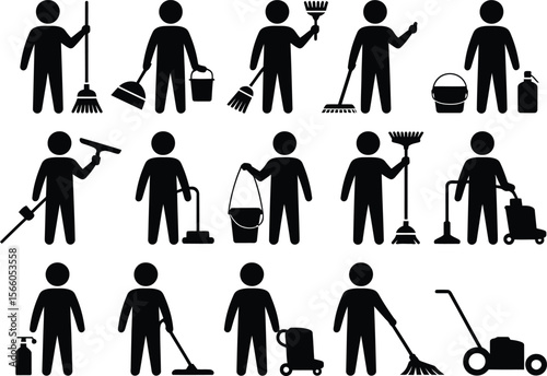 Collection of stylized black icons representing people performing various cleaning and maintenance tasks