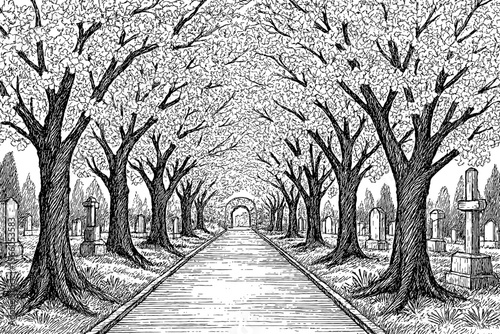 Cemetery Landscape with Trees and Gravestones in Black and White Engraving Style