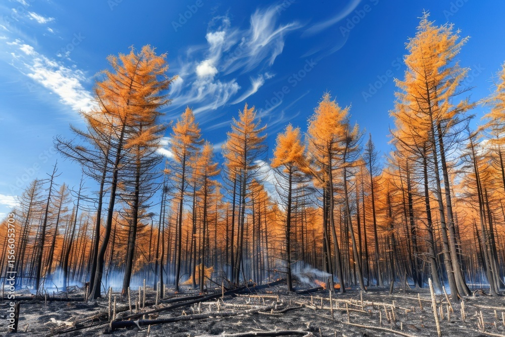 Obraz premium Burned forest landscape after wildfire showing blackened ground and charred trees amid fall colors