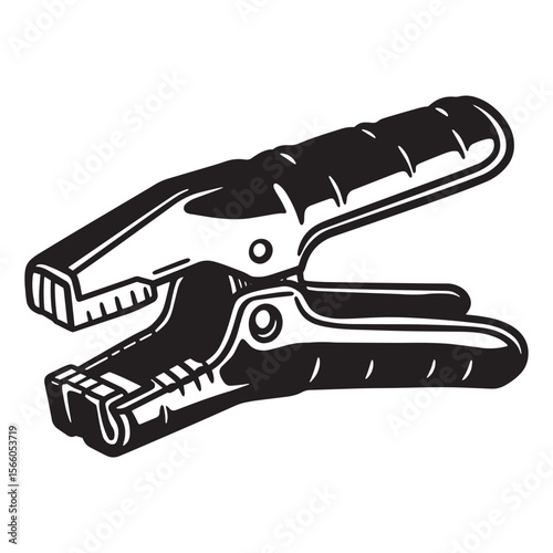 Detailed black and white illustration of a classic automotive battery jumper cable clamp