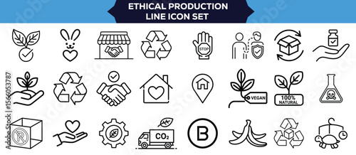 Ethical Production and Eco-Friendly Icon Set Linear Pictograms of Vegan, Organic, Plastic Free, Recyclable, Certified, Non-Toxic, and Sustainable Concepts, Thin Stroke Vector Illustration Design