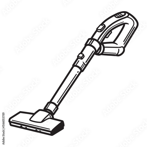 Detailed black and white illustration of a modern household upright vacuum cleaner